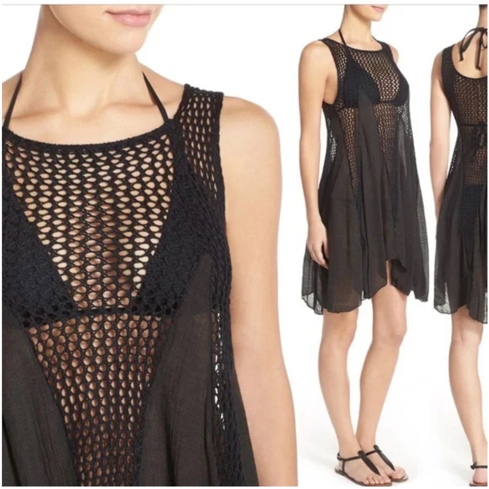 Elan Swim Crochet Inset Cover-Up Dress in Black Size Medium